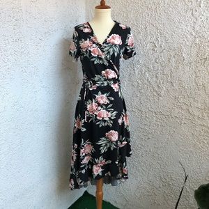 Black Floral High Low Faux Wrap Dress